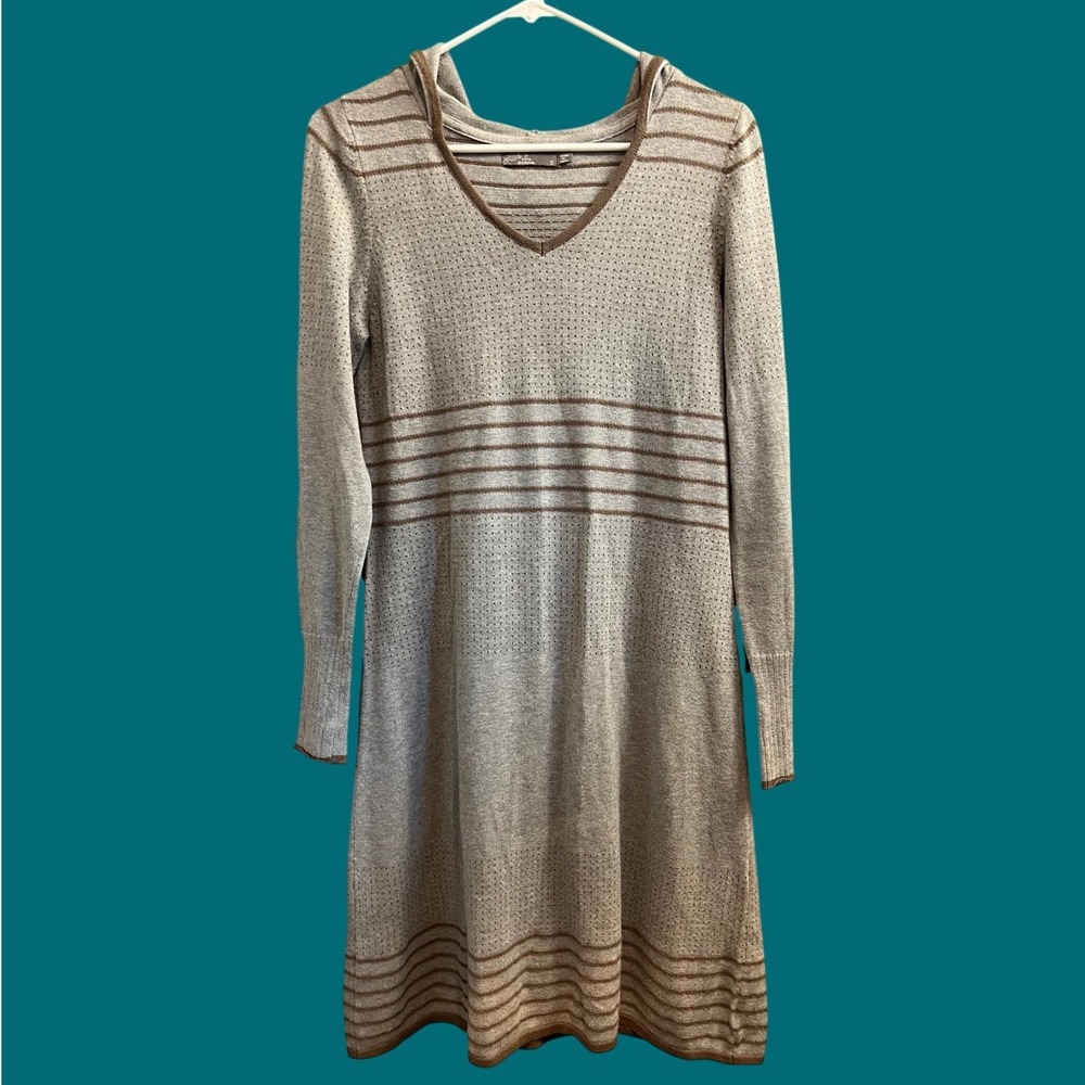 Prana Sweater Dress Womens Small Grey Brown Striped Hooded V-Neck Knit Dress